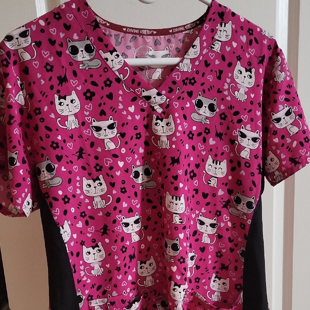 Pink Cat Print Scrub Top